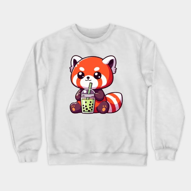 cute red panda drink green boba Crewneck Sweatshirt by fikriamrullah